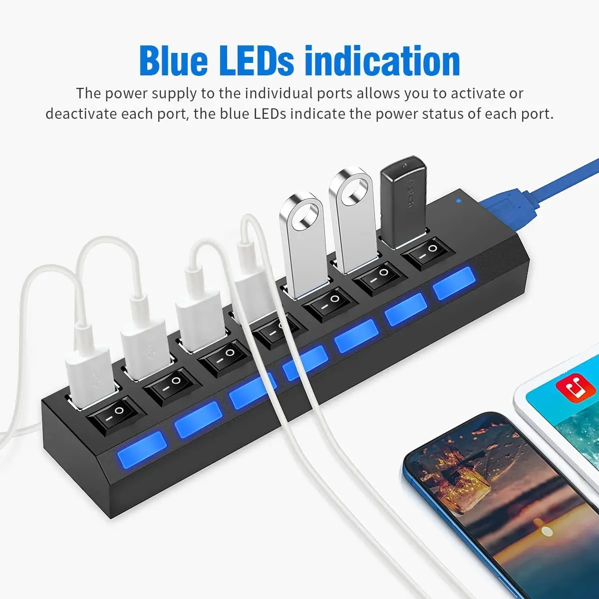 7-Port USB 3.0 Hub with Power Adapter and Individual Switches