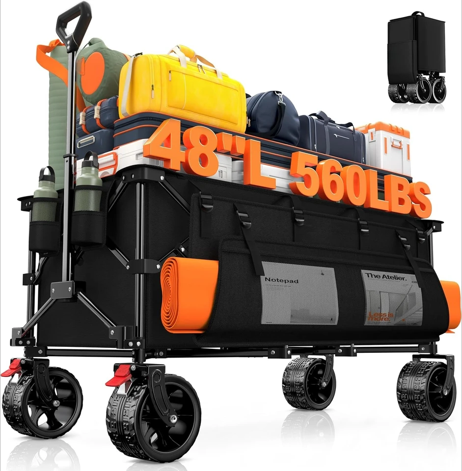 Sekey 48''L Collapsible Foldable Extended Wagon With 440lbs Weight Capacity, Heavy Duty 300L Folding Utility Garden Cart With Big All-Terrain Beach Wheels & Drink Holders. Khaki
