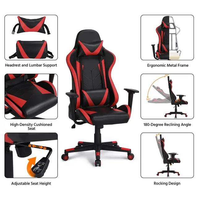 Topeakmart adjustable lumbar support swivel gaming chair black and red