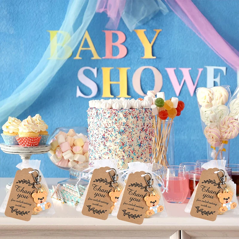10–30 Sets Babyparty-Souvenir-Organza-Geschenkbeutel mit Dankeschön-Tag, Bären-Schlüsselanhänger, Mädchen, Jungen, Geschlecht offenbaren, Geburtstagsparty-Gefälligkeiten – Detail 1