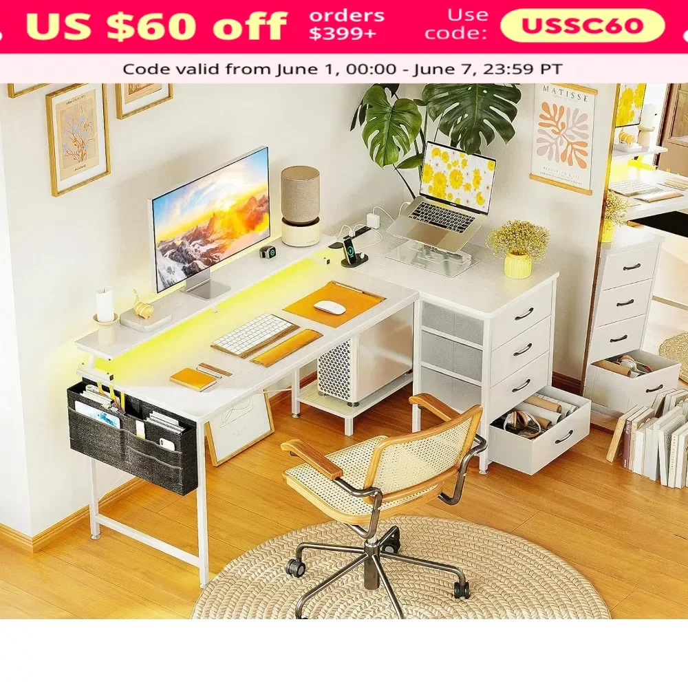 

Computer Desk, L Shaped Computer Desks, with 4-Tier Drawers, with LED Lights & USB Power Outlets, Monitor Stand, Computer Desk