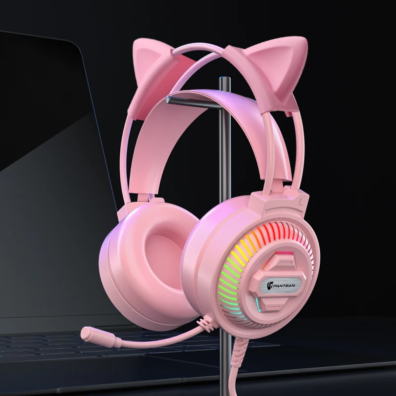 Gaming Headset With Microphone Cat Ears Pink White 3.5 Usb Wired Stereo