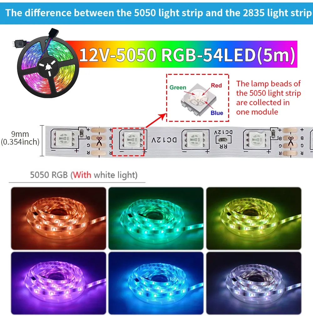 12V Led Strip Lights RGB 5050 5M 54 LEDS Bluetooth APP Control Luces Led Flexibl