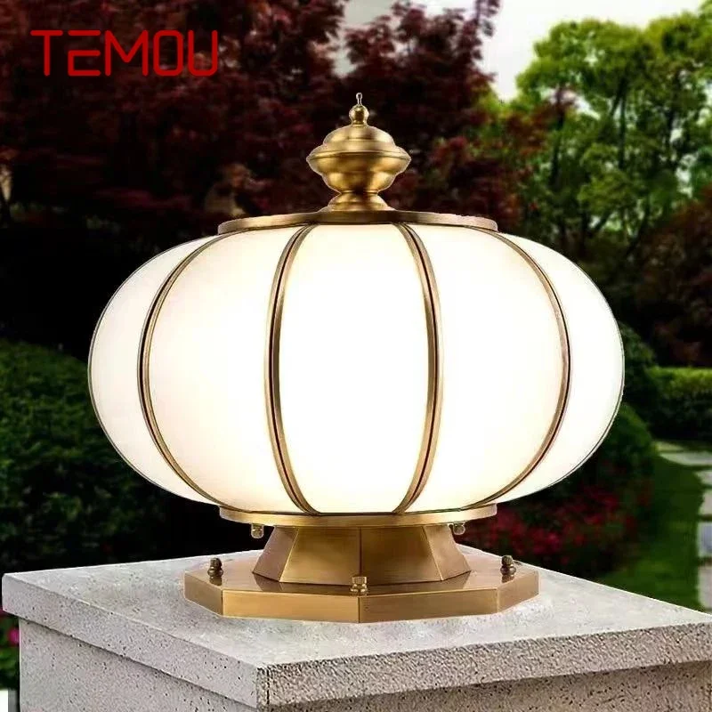 TEMOU Outdoor Solar Post Lamp Vintage Creative Chinese Brass Pillar Light LED Waterproof IP65 for Home Villa Courtyard