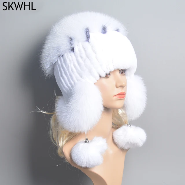 Elastic Knitted Rex Rabbit Fur Beanies Handmade Real Fur Hat with Fox Fur Ears Genuine Fur Snow Cap Bonnets for Women Designer