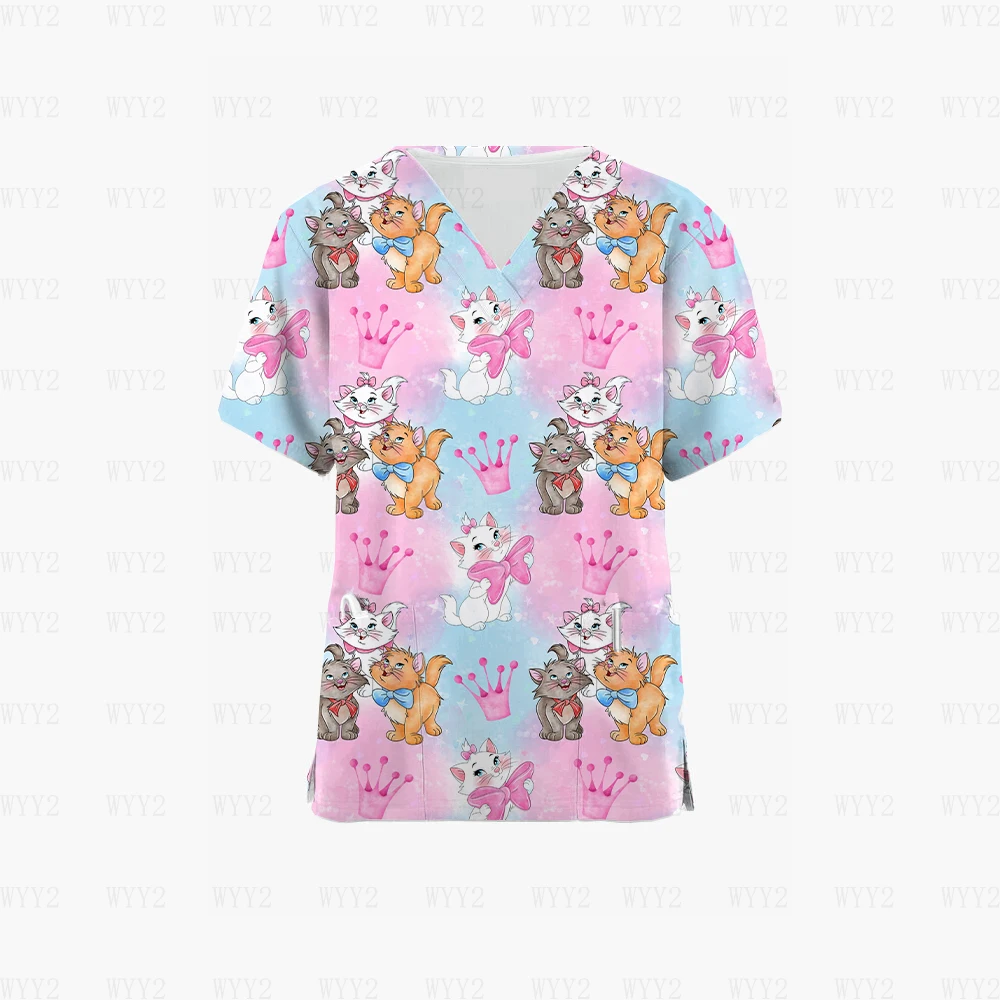 

Women's Short Sleeve V Neck Disney Princess Marie Print Scrub Tops Beauty Salon Uniform Medical Tops Hospital Nurse Work Shirt U