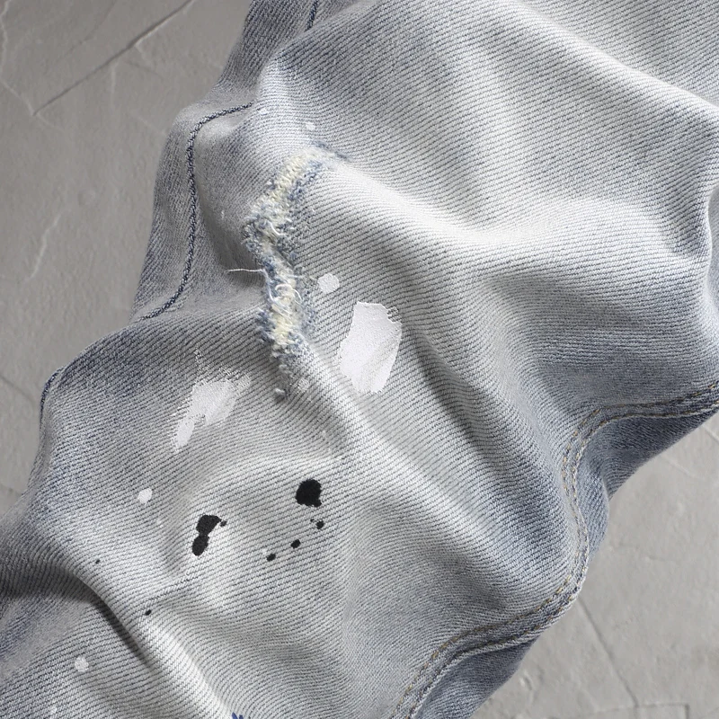 Street Fashion Men Jeans Retro Light Blue Elastic Stretch Slim Fit Ripped Jeans Men Painted Designer Hip Hop Denim Pants Hombre