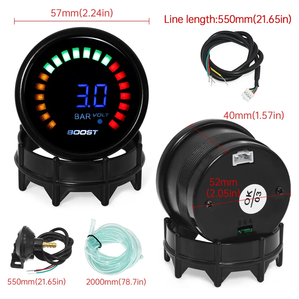 Ladedruck Anzeige, Fydun Ladedruckanzeige Universal 60mm LED Turbo Ladedruckanzeige Schwarz Shell für Auto Rennwagen 0-200 Kpa