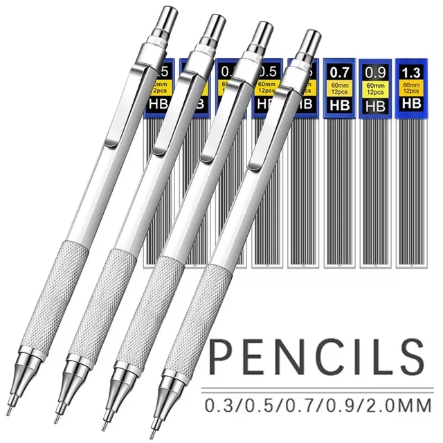 0.3/0.5/0.7/0.9/1.3/2.0mm Anti Slip Grip Handle Metal Mechanical Pencil For Art Drawing Painting Student Office School Supplies 1