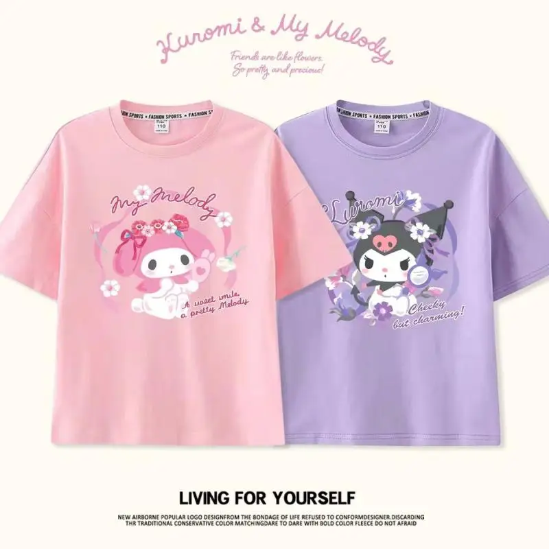

2024 New Men and Women Pure Cotton Short-Sleeved T-Shirt Cute Cinnamoroll Kuromi Children's Clothing Casual Short-Sleeved Gift