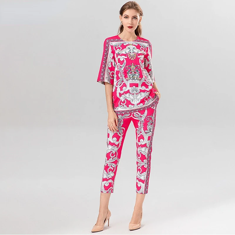 

2023 Runway Luxury Designer High Quality Elegant Summer Women's O-Neck Long Sleeve Printing Vintage Coat+Elastic Pants