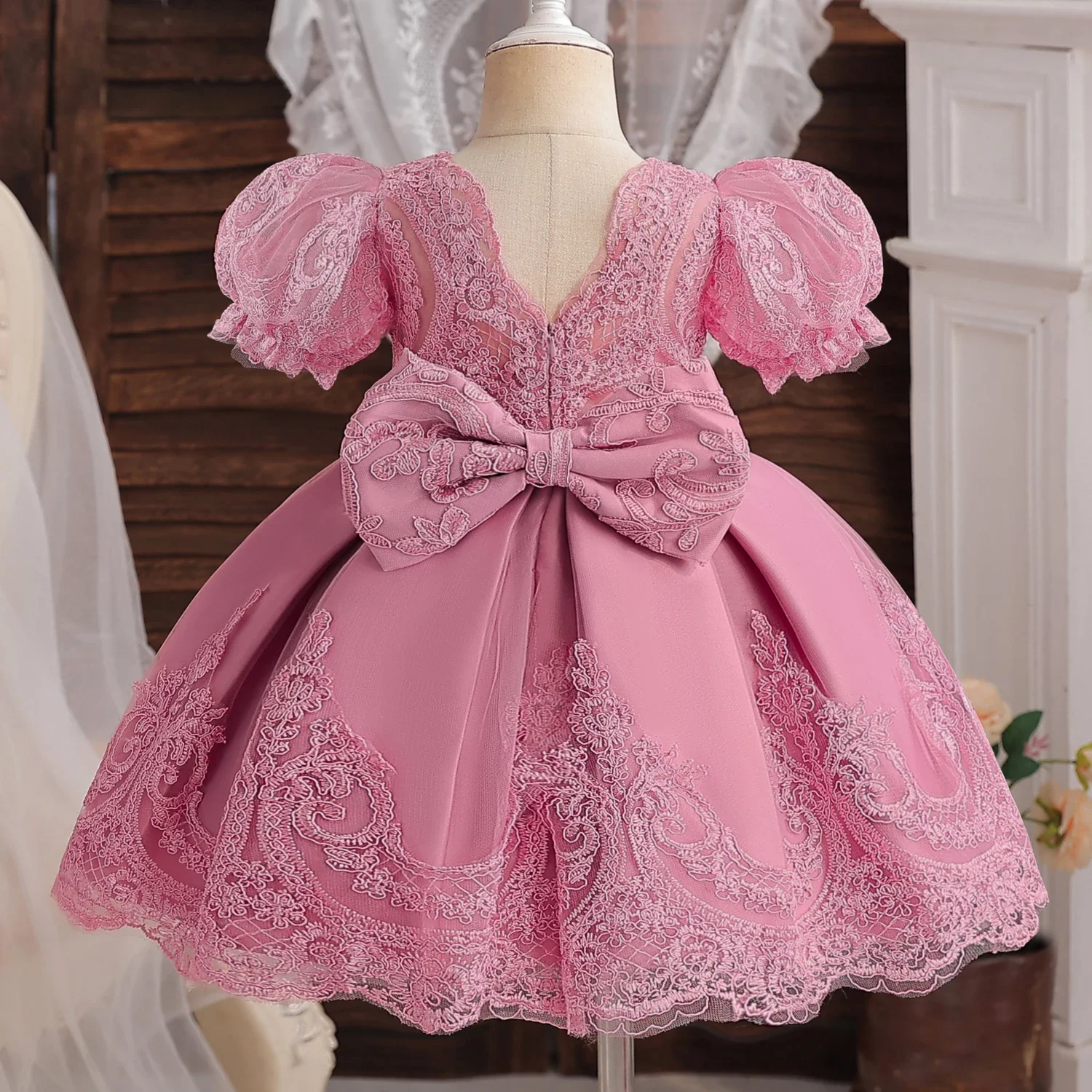 Cute Baby Lace Flower Tutu Gown Wedding Party Bow Beading Princess Girl Dress Inafnt Pink 1st Birthday Outfits Formal Gala Cloth girls dress,baby girl dress