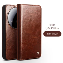 Premium Qialino Genuine Leather Flip Phone Case - Natural Cowhide Retro Design with Card Pocket - Xiaomi 15 ultra (Brown)