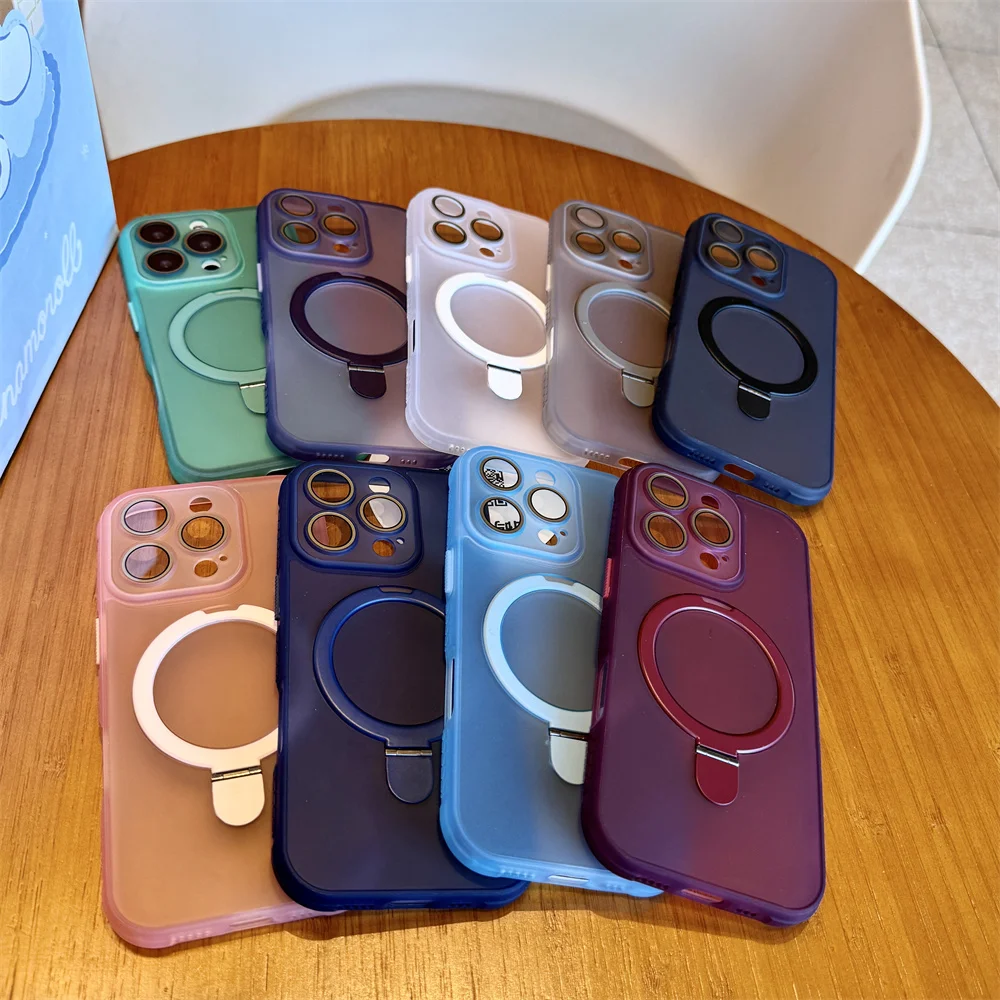 Luxury Matte Translucent Magnetic Ring Stand Phone Case with Lens Protection and Shockproof Design