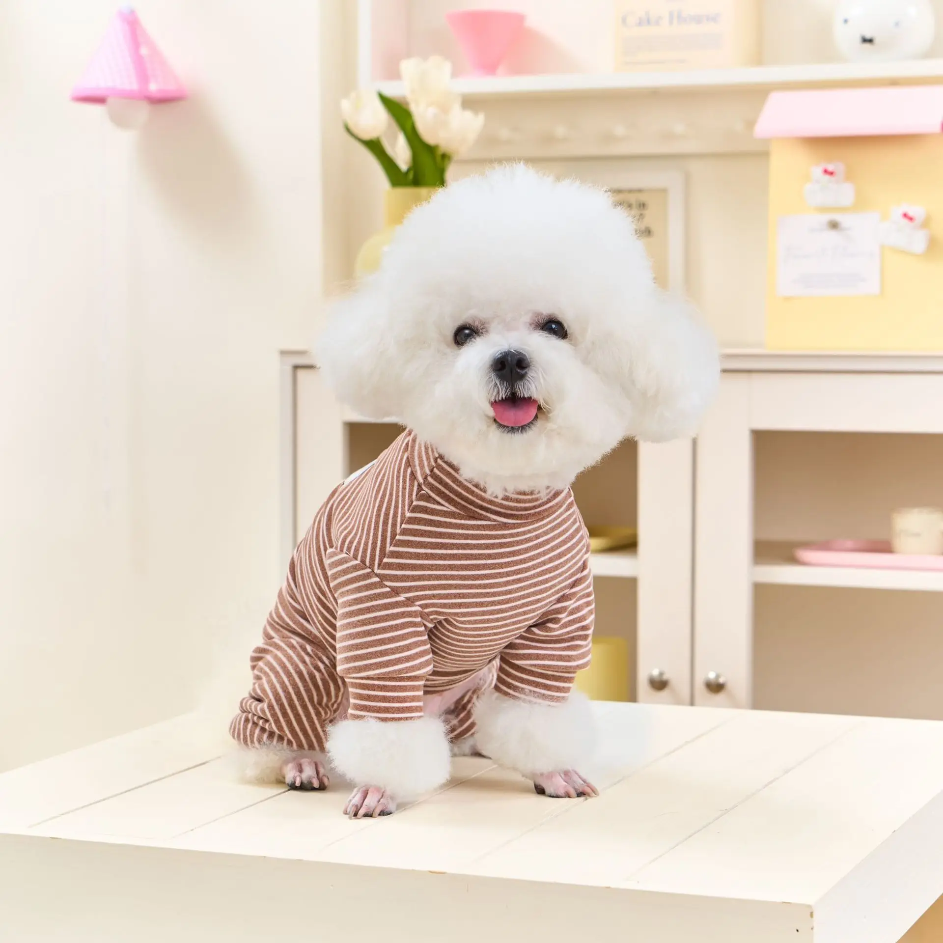 Randig hundpyjamas i fleece vinteroverall för hundar_voghion.com