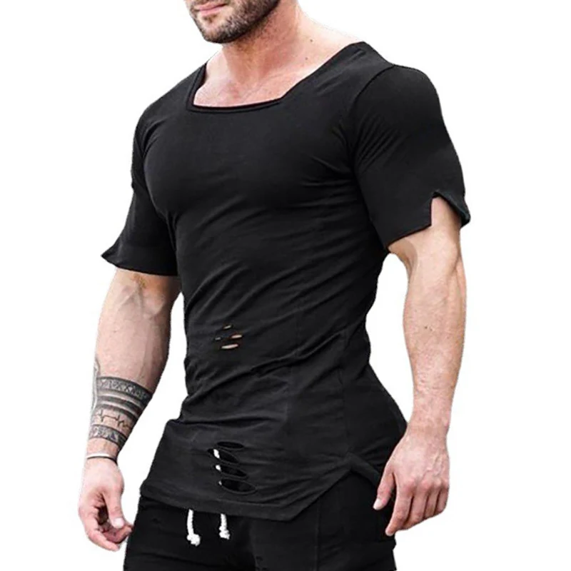 

New Fashion Summer Square Collar T Shirt Mens Personality Ripped Hole Hip Hop Slim Fit Gym Bodybuilding Fitness Sports T-shirts