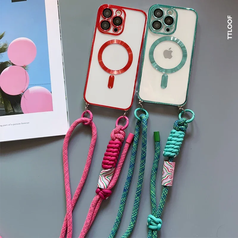 Crossbody Adjustable Lanyard Magnetic Phone Case with Plating Finish and Soft Cover