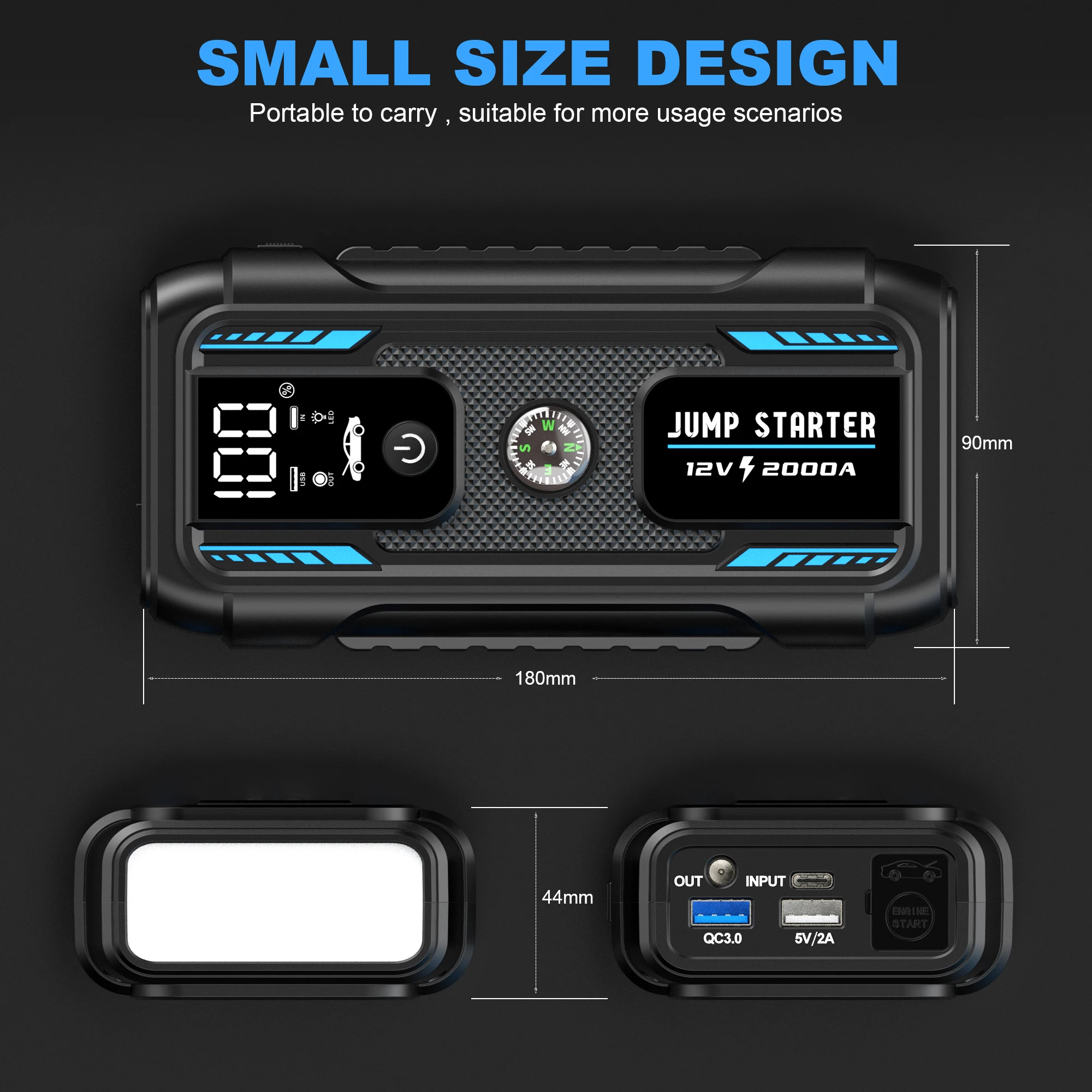 2000A 12V Portable Lithium Jump Starter Car Battery Booster Pack USB-C Powerbank Charger and Jumper Cables for Upto 6.0-Liter car jump starter jump starter