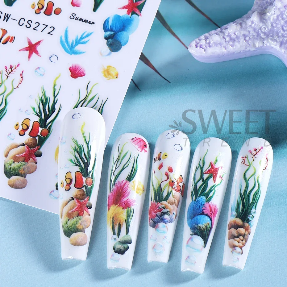 2pcs Ocean Animal Nail Art Stickers 3D Summer Starfish Shell Seaweed Fish Design Adhesive Sliders Nail Decals DIY Manicure Decor
