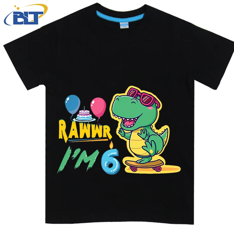 

6 Birthday Dinosaur Boy printed kids T-shirt, summer cotton short-sleeved casual top, suitable for both boys and girls