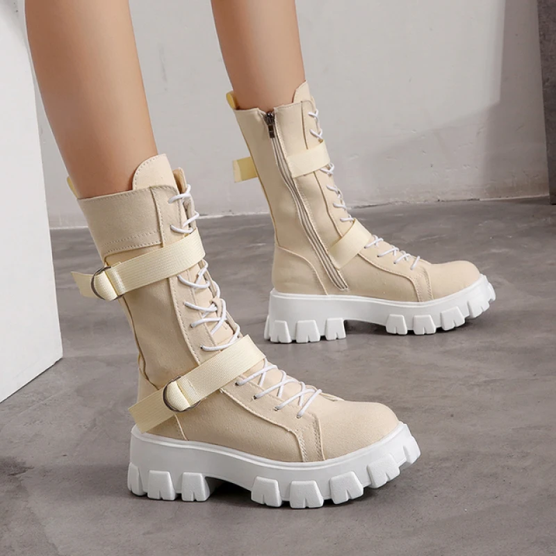 Women Boots 2023 New Lace-Up Platform Shoes Leather Boots Women British Short Boots Ladies Ankle Boots Fashion Casual Boots