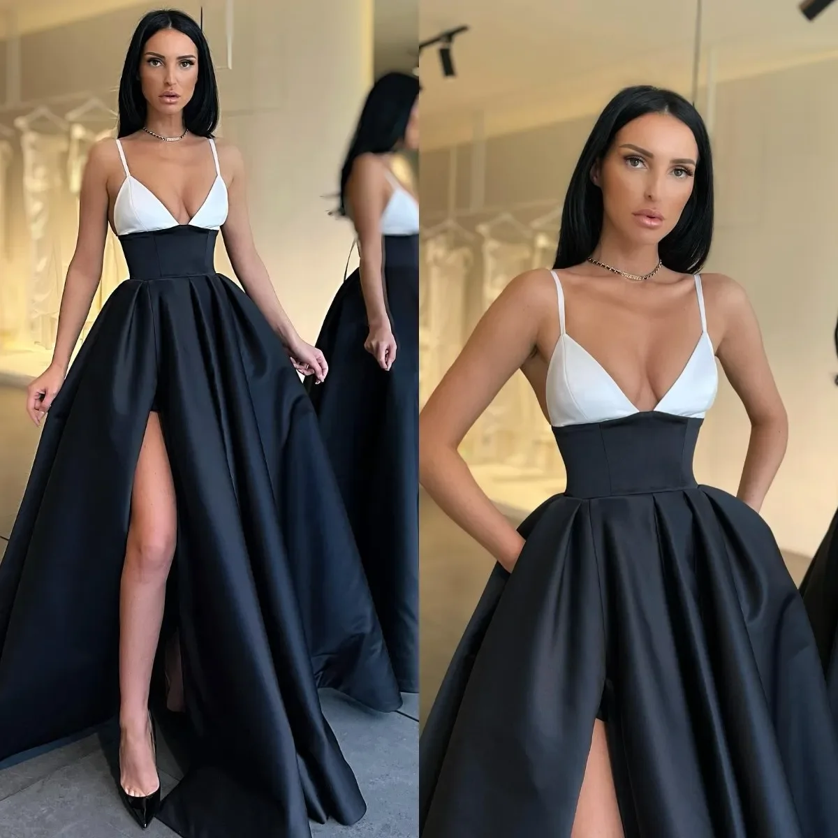 Sexy Black White SPaghetti A Line Party Evening Dress Pleats Slit Semi  Formal Red Carpet Long Special Occasion Prom Dresses - AliExpress