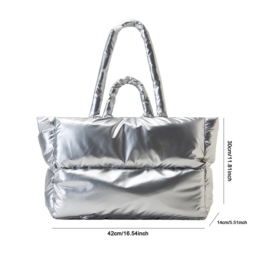 Women Quilted Tote Handbag Shoulder Bags Large Capacity Puffy Top-handle Bag  Soft Metallic Color Girls Winter Nylon Tote Bag - AliExpress
