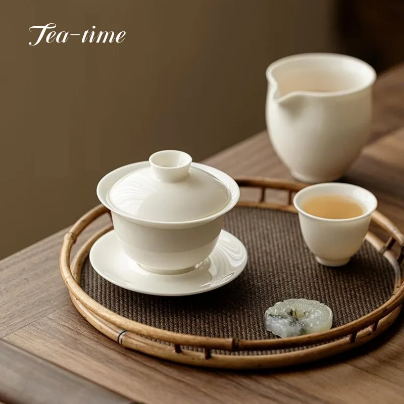 Sheep Fat Jade Gaiwan White Porcelain Sancai Large Handmade KungFu Tea Set Puer Chawan Tureen Supplies Gaiwan Bowls Tableware