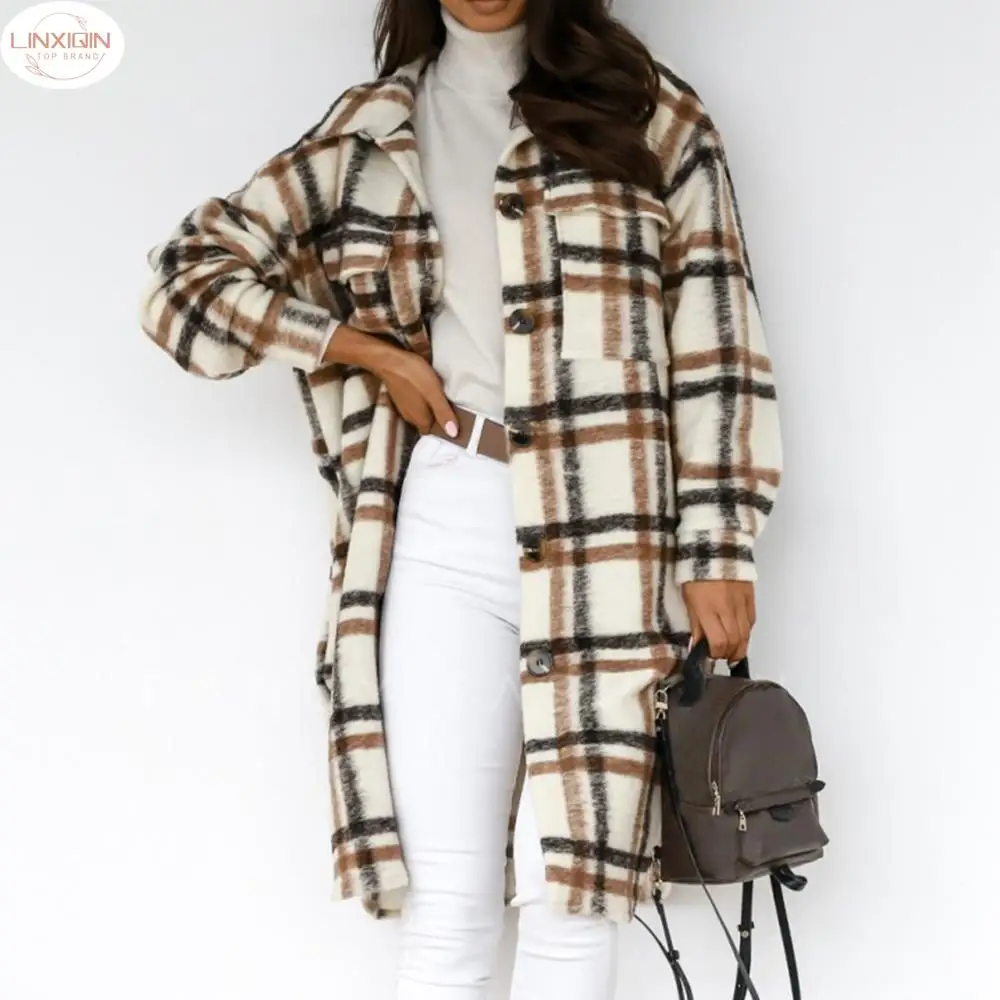 

2024 Winter Checked Women Jacket Oversize Long Coat Warm Plaid Thick Woolen Blends Female Casual Streetwear Windbreaker Outfits