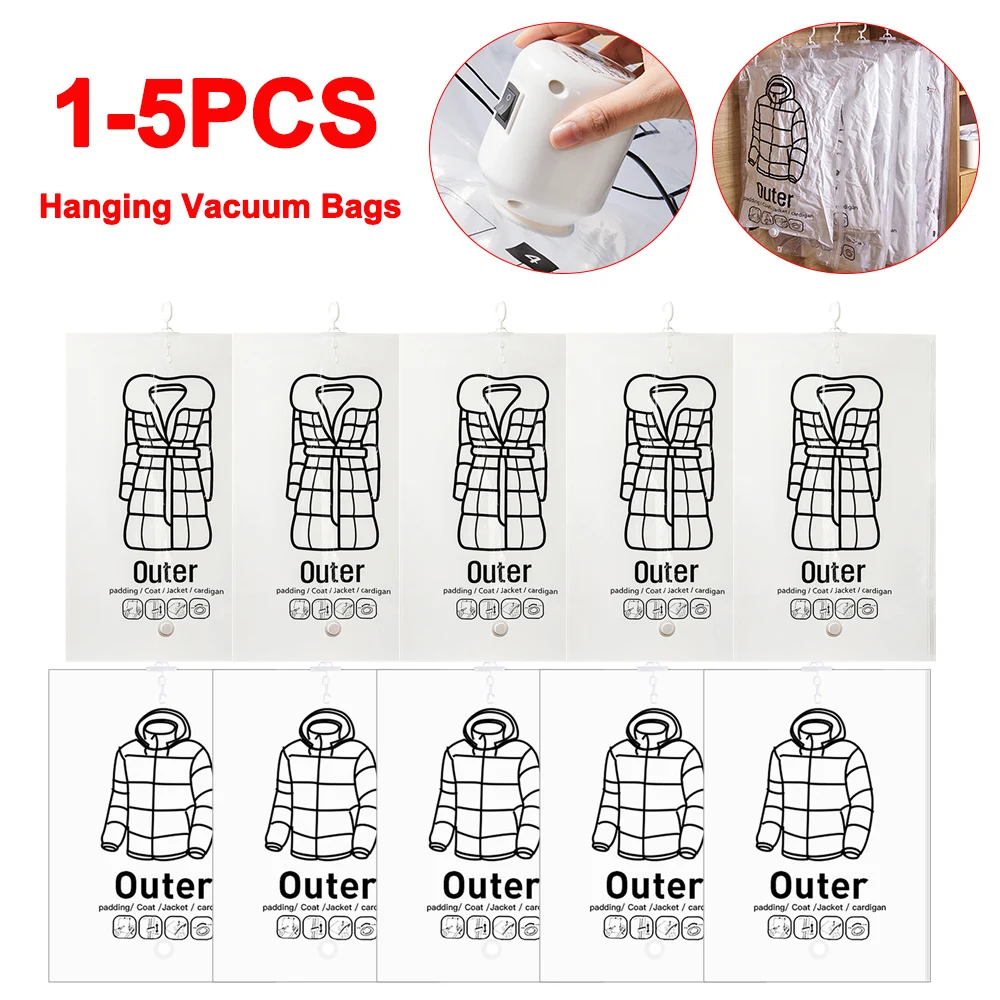 

5-1Pcs Clothes Compression Storage Bag Hanging Vacuum Bags Space Saving Reusable Empty Pump Bags Clothes Quilt Vacuum Pack Bag