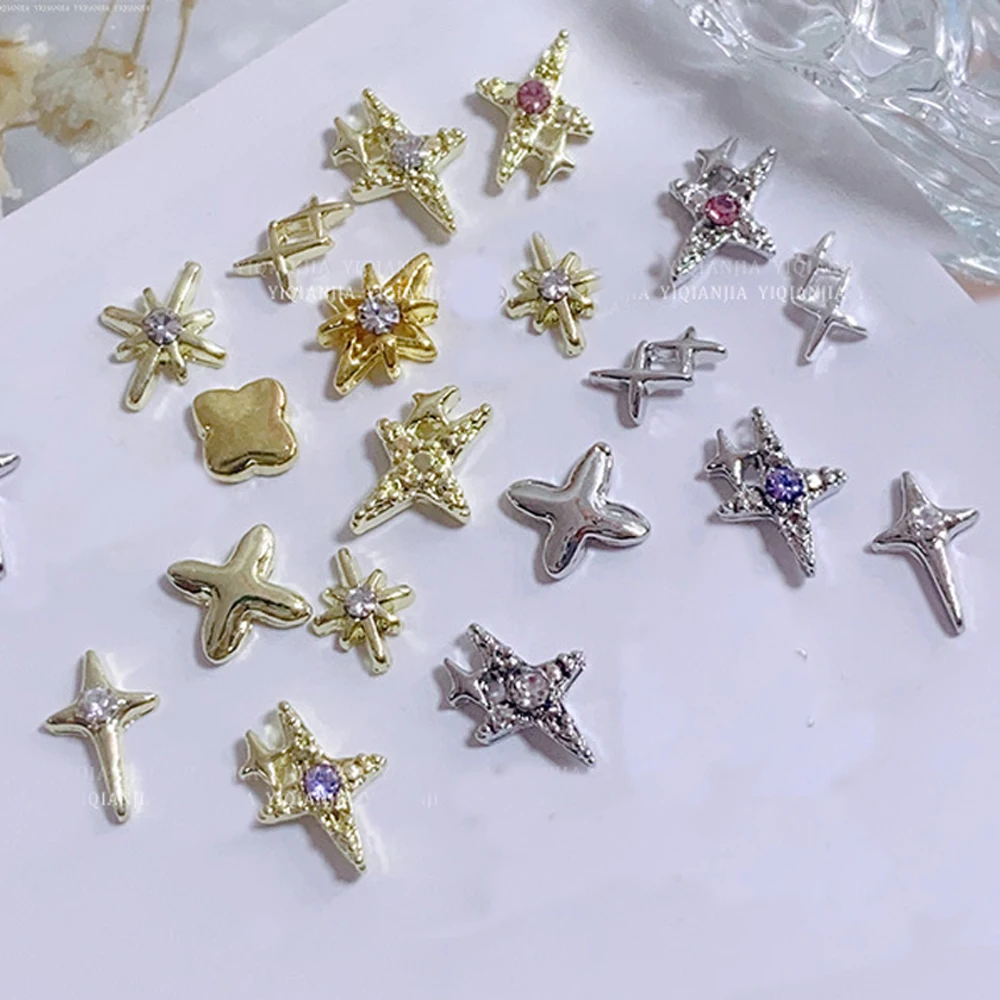 10Pcs 다이아몬드 별 네일 아트 매력 보석 크리스탈과 3D 골드/실버 크로스 스타 네일 장식 럭셔리 DIY 매니큐어 액세서리