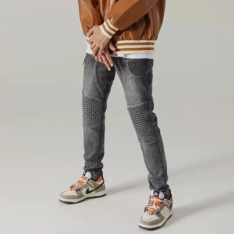 Street Fashion Men Jeans Retro Black Gray Elastic Wrinkle Patch Designer Slim Biker Jeans Men Punk Trousers Hip Hop Pants Hombre