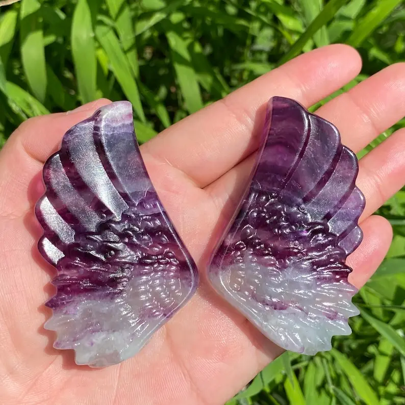 Natural A Pair of Fluorite Wings+ Golden Stents,Wings Of Angel,Mineral samples,Home Decoration,Reiki Heal,Crystal Gifts,Angel's 5