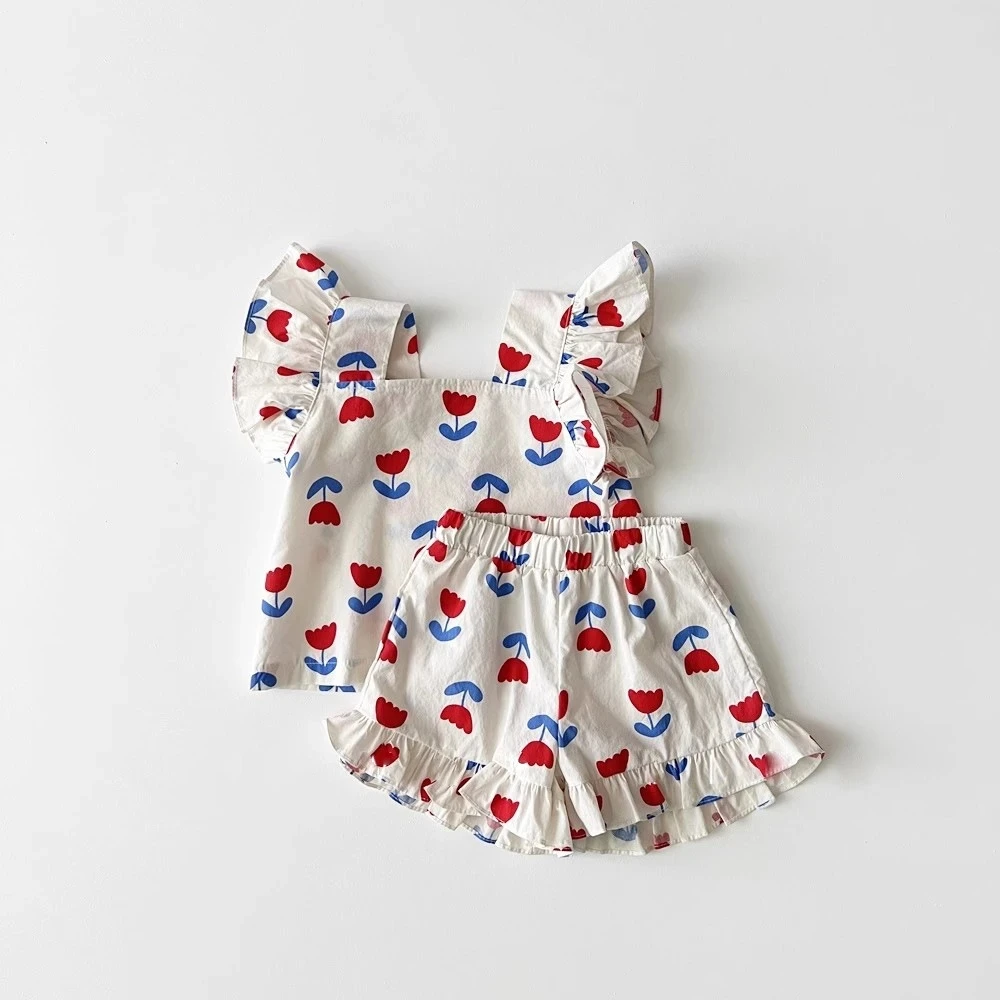

New Summer Kids Clothes Set Children Cute Tulip Suit Girls Outwear 2PCS