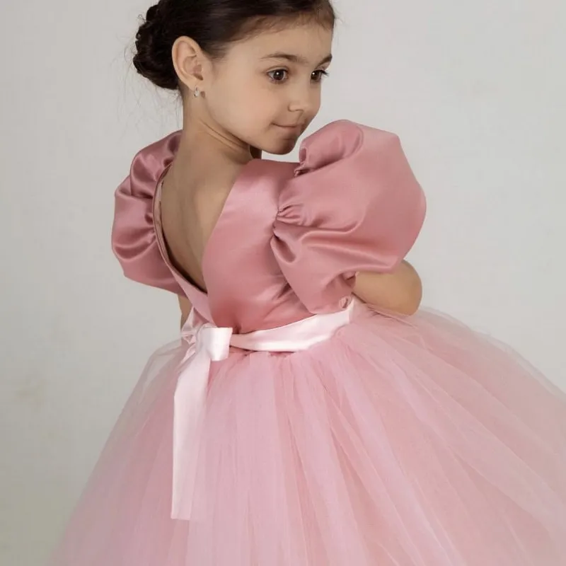 

Fashion Girl Princess Vintage Dress Tulle Child Vestido Puff Sleeve Pink Wedding Party Birthday Tutu Dress Child Clothes 2-6Y