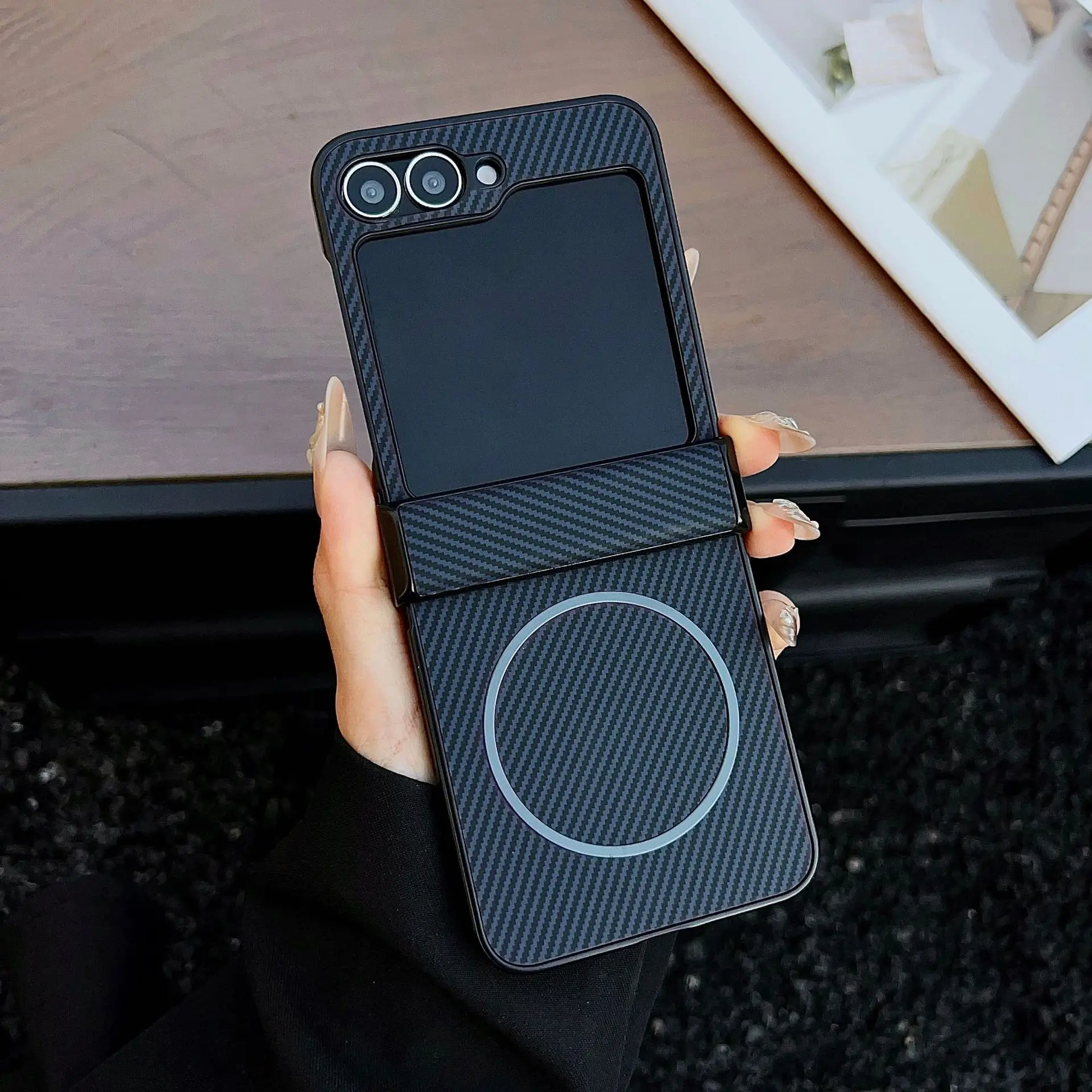 Enhanced Carbon Fiber Texture Magnetic Case - Anti-Shock Slim Wireless Charge with Hinge Protection