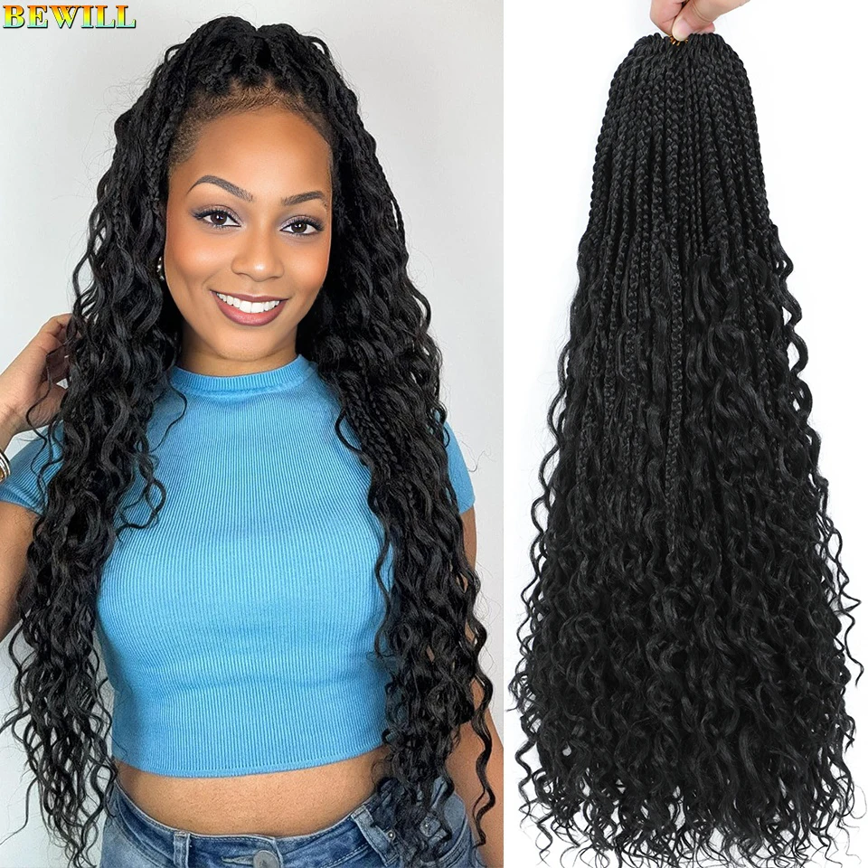BEWILL 18 24inch Boho Box Braids Crochet Hair Bohemian Goddess Box Braids Synthetic Crochet Hair with Curly Ends for Black Women
