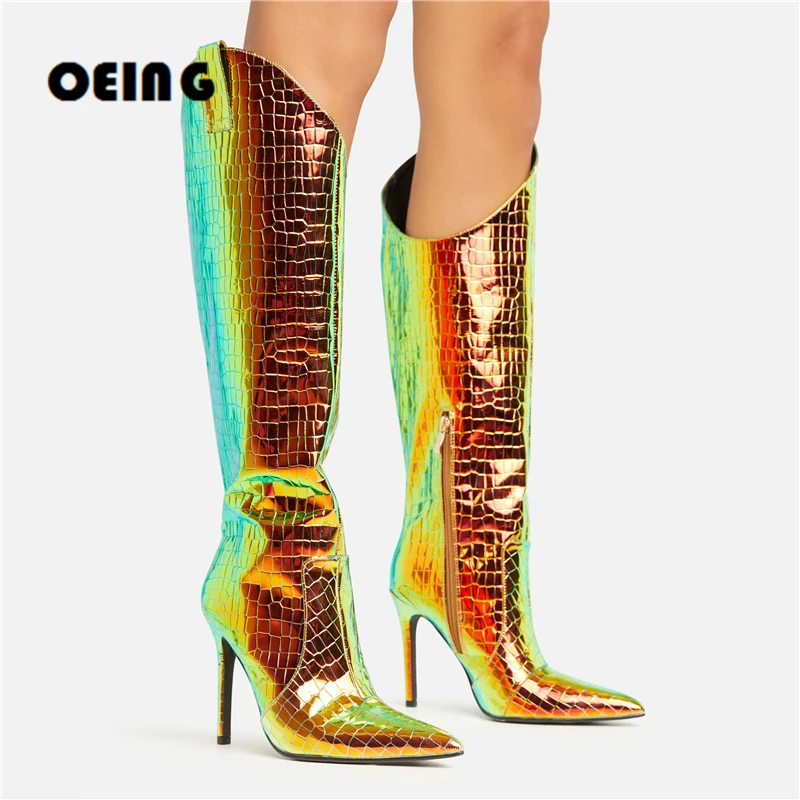 

Women Crocodile Print Faux Leather Knee High Boots Sexy Pointed Toe Stiletto Boots Ladies Nightclub Party Shoes Botas De Mujer