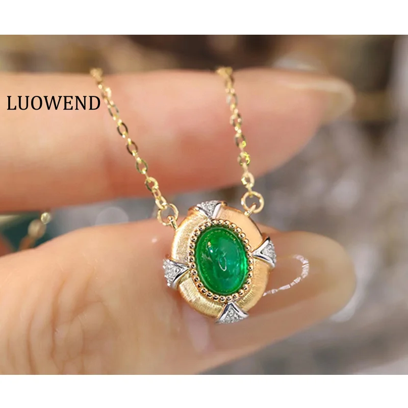 

LUOWEND 18K White and Yellow Gold Necklace Vintage Style Real Diamond Natural Emerald Necklace for Women High Anniversary Gift