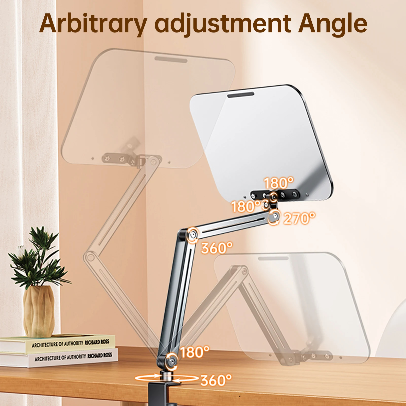 Desktop Book Stand for Reading w/ Cantilever Arm 360° Rotating Foldable Aluminum-plastic Panel for 14-17.3inche Ereader Textbook