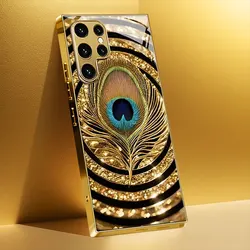 Gold - Plated Tempered Glass Phone Case with Elegant Gold and Blue Feather Design - Galaxy S26 (JS)
