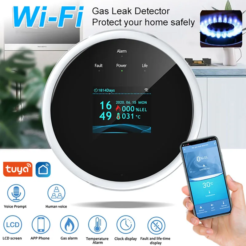 Tuya 2.4G WiFi Gas Alarm Sensor เครื่องตรวจจับก๊าซที่ติดไฟได้ทํางานร่วมกับ Smart Life ข้อมูล APP Push สําหรับ Home Security System 1