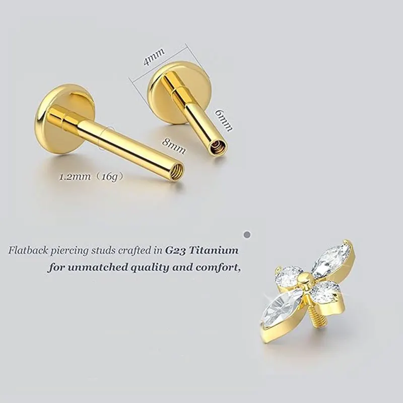 2pcs F136 G23 Titanium Cartilage Earring Internally Threadless Labret Piercing 16G Tragus Helix Daith Piercing Lip Body Jewelry