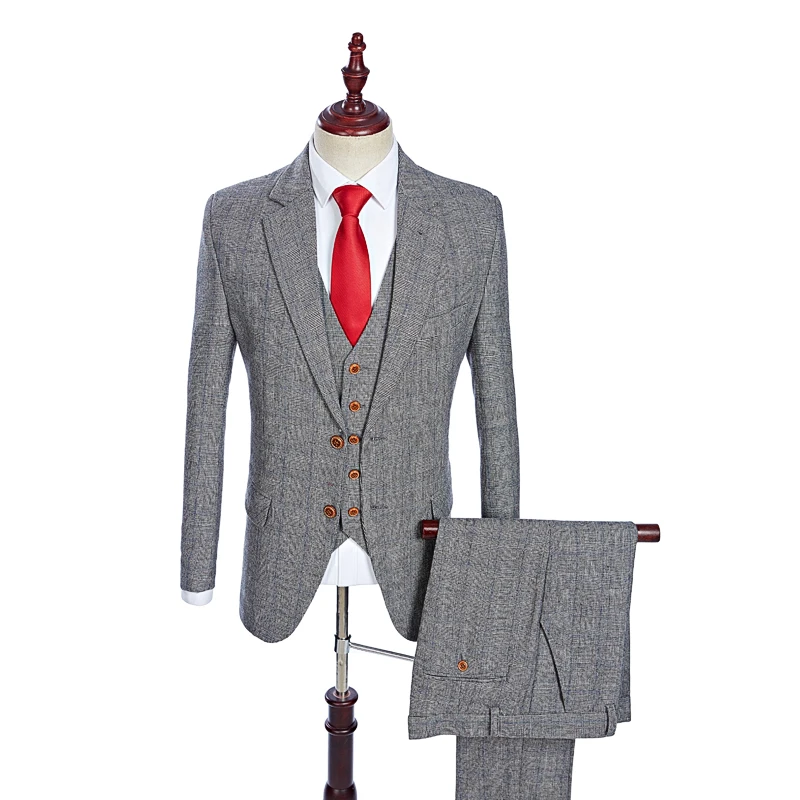 Wool Grey Fine Houndstooth Check Tweed Business Slim Fit Wedding Suits For Men Groom Tuxedos