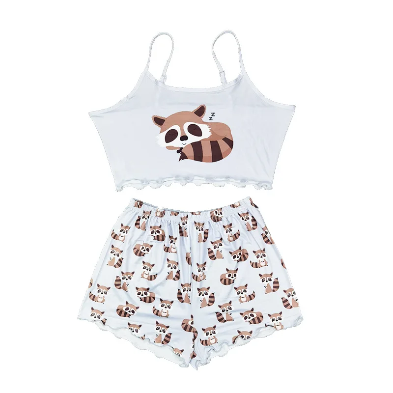 Sexy satin camisole shorts pajamas suit female imitation ice silk V-neck cool home clothes summer cartoon print girls sleepwear