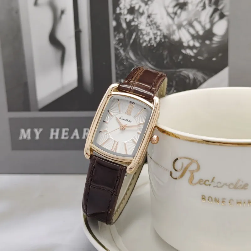 Ladies' Rose Gold Dial Wristwatch: Timeless Style with Deep Red Brown Leather Strap