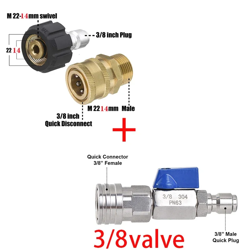 

Pressure Washer Adapter Valve Set Quick Connect Kit Metric M22 14Mm To 3/8 Inch Female Swivel To M22 Male Fitting 5000 Psi