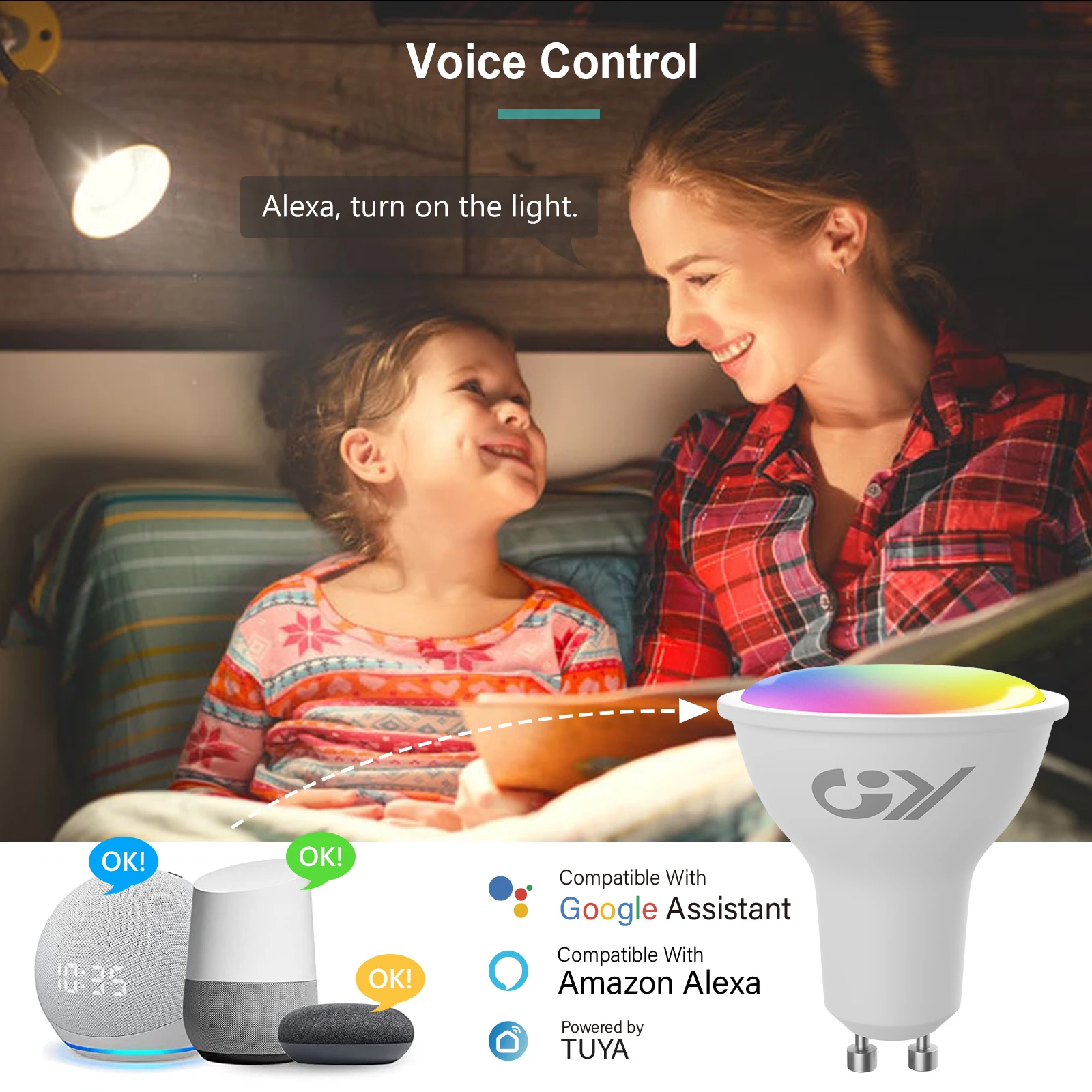 GY-GU10 Lâmpada regulável inteligente, Wi-Fi, compatível com Alexa, Google Home, Vida inteligente, 7W, 500LM, 230V, RGBCW