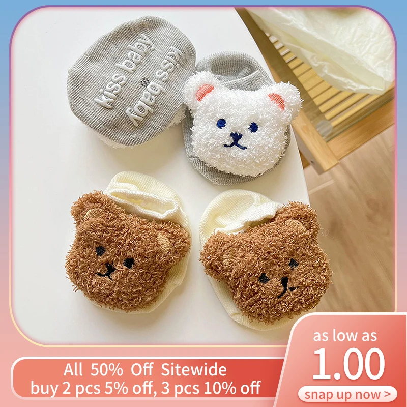 2pcs/Pair Infant Coral Fleece Long Leg Socks With Cute Bear Designs