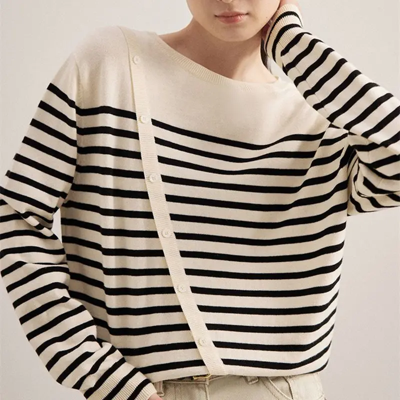 

Hsa 2023 New Women Stripes Knitted Pullover O-Neck Buttons Fall Winter Loose Sweater Harajuku Korean Loose Jumper Knitwear Tops